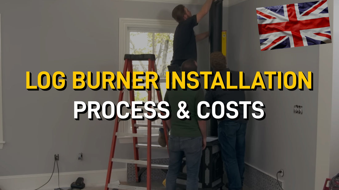 Thumbnail showing people installing a log burner with a UK flag and the text "LOG BURNER INSTALLATION PROCESS & COSTS" superimposed.