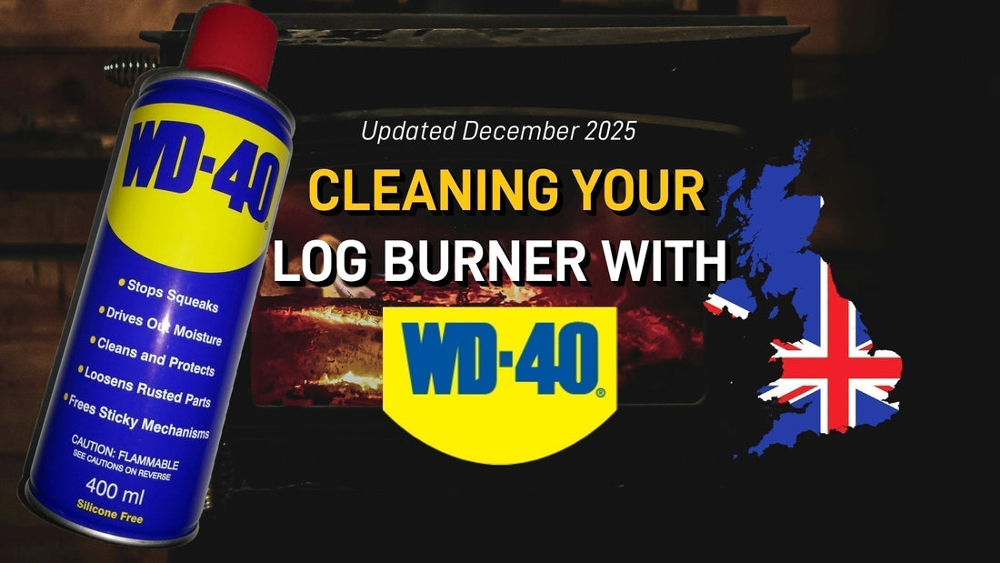 Graphic showing a WD-40 spray can next to a wood-burning stove, promoting a 2025 guide on how to clean a log burner with WD-40, including a UK map with flag colours